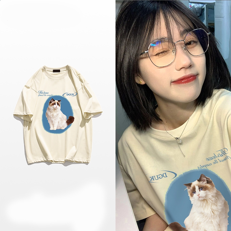 วินเทจเกาหลีรุ่นนมหวานผูกฤดูร้อนผ้าฝ้ายแขนสั้นบวกไหล่เสื้อยืดผู้หญิงฝูงชนตุ๊กตาแมวพิมพ์ด้านบนสำหรับคู่รัก