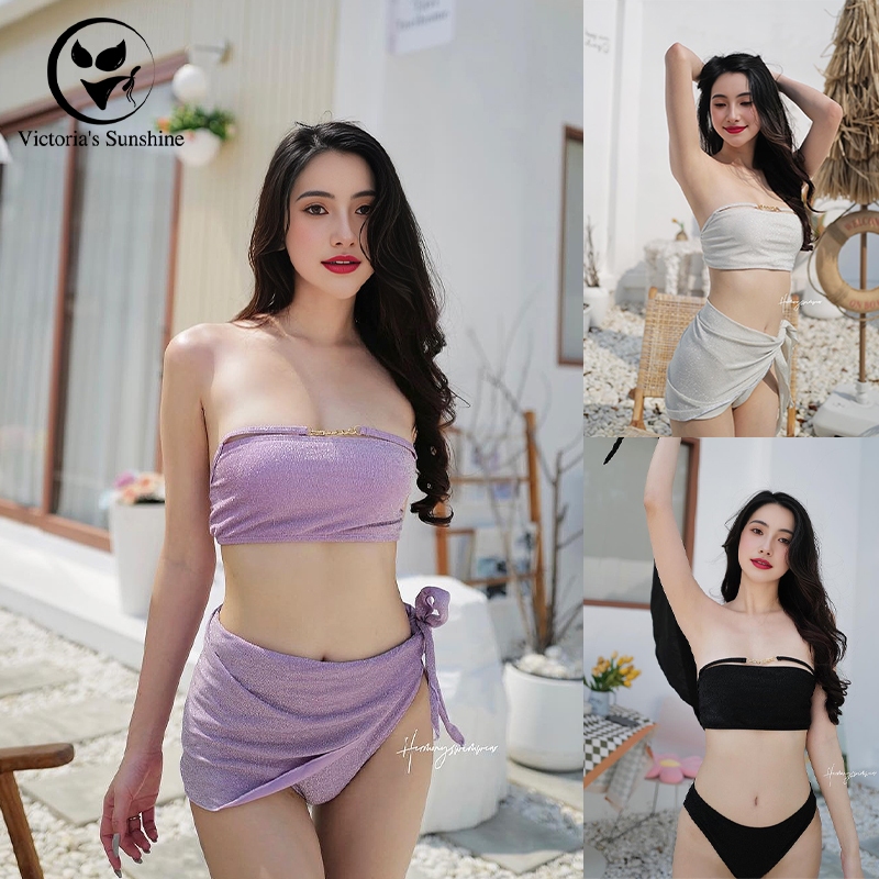 ส่งไวจากไทย ชุดว่ายน้ำผู้หญิง เกาะอก บิกินี่ทูพีช+ผ้ากันเปื้อน 3สี รุ่นใหม่ สไตล์เซ็กซี่#0352