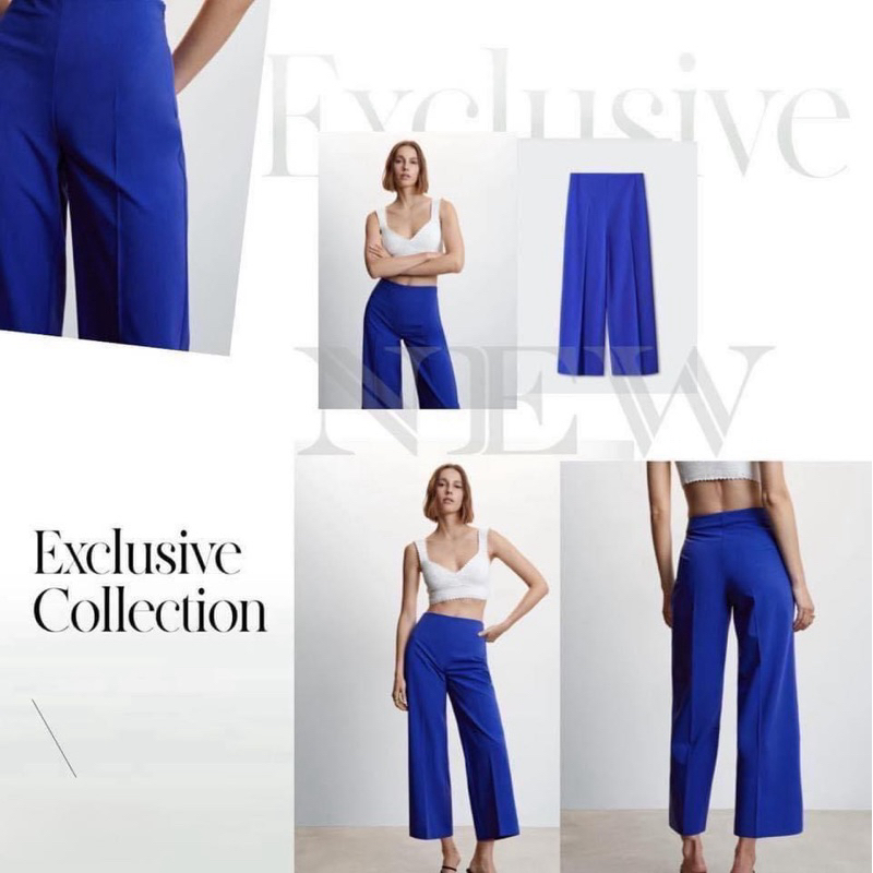120฿ MNG ทรงคือถูกต้องมาก กางเกงทรงกระบอกขาเต่อมีซิปด้านข้าง Mango Straight Culotte Trousers เข้าใหม่ สีน้ำเงิน