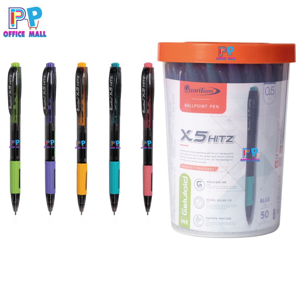 ปากกาควอนตั้ม (Quantum) รุ่น เจลลูลอยด์ X5 Hitz หมึกน้ำเงิน ขนาด 0.5 มม. บรรจุ 50 ด้าม/กระบอก