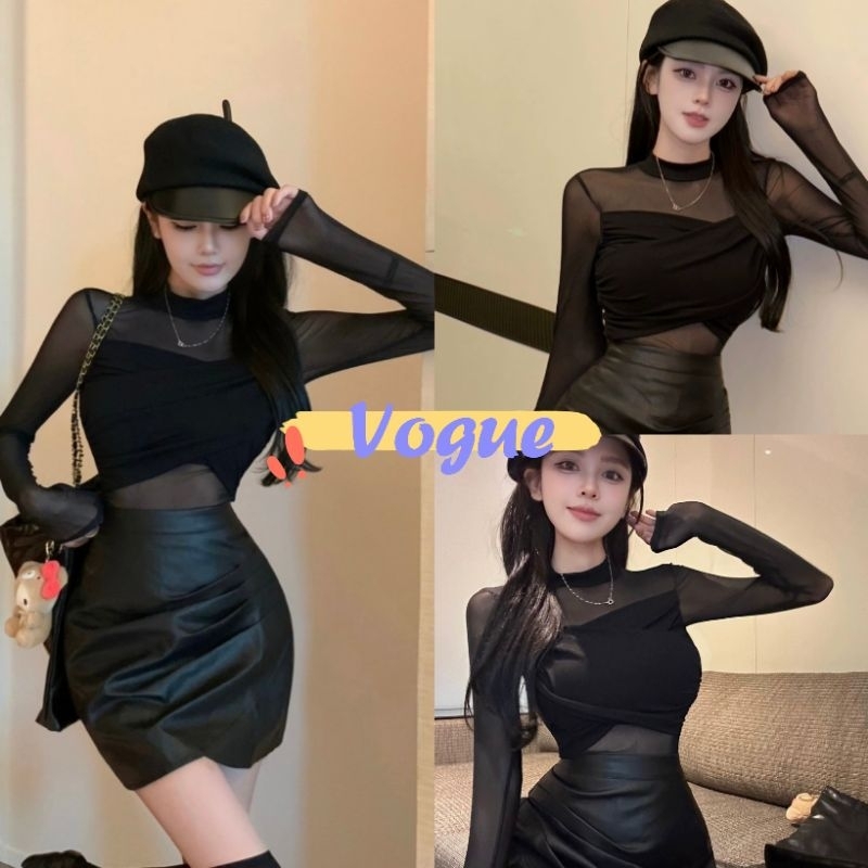 Vogue พร้อมส่ง เสื้อแขนยาว คอกลม ดีเทลแต่งซีทรูบางเบาสีดำ เท่มีสไตล์ (FY2500)