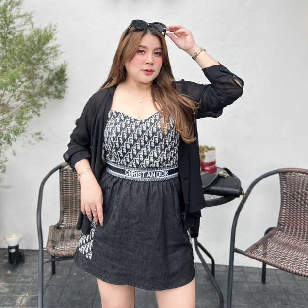 orarose ชุดเซทสาวอวบ เซทเบลเซอร์Diorกระโปรงยีนส์3ชิ้น สีดำ (5880-5586)