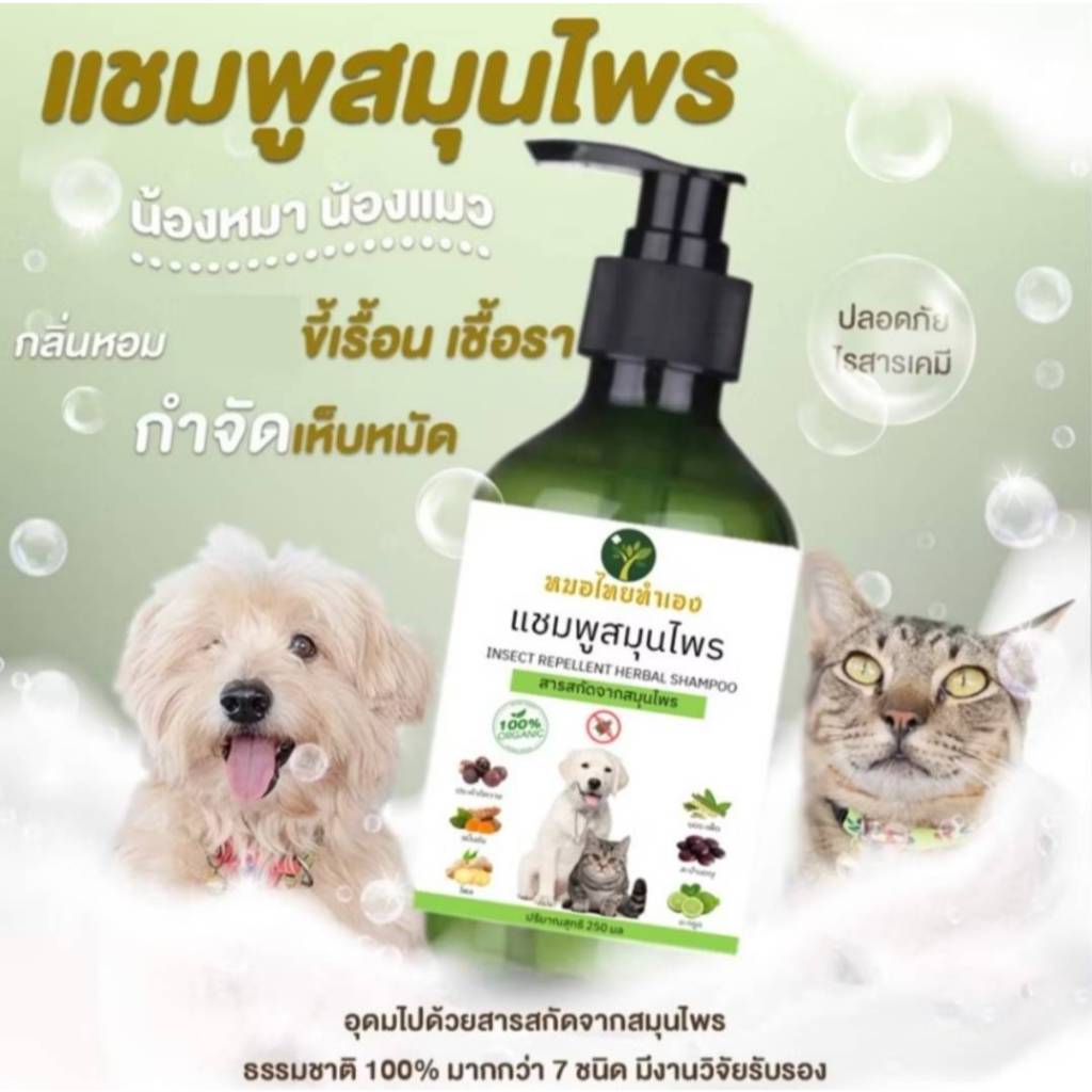 แชมพูสมุนไพร กำจัดเห็บหมัด แก้ขี้เรื้อนสุนัข แมว เชื้อรา ยีสต์ คันเกา (มี อย ถูกต้อง) แชมพูสุนัข แมว 200 ml