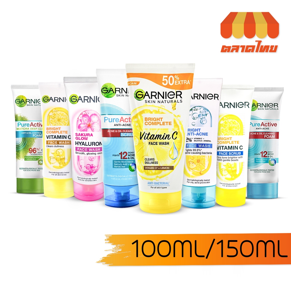 โฟมล้างหน้า การ์นิเย่ วิปโฟม สครับ Garnier Bright Complete / Pure Active / Sakura Glow Face Wash Scrub 100 ml. / 150 ml.