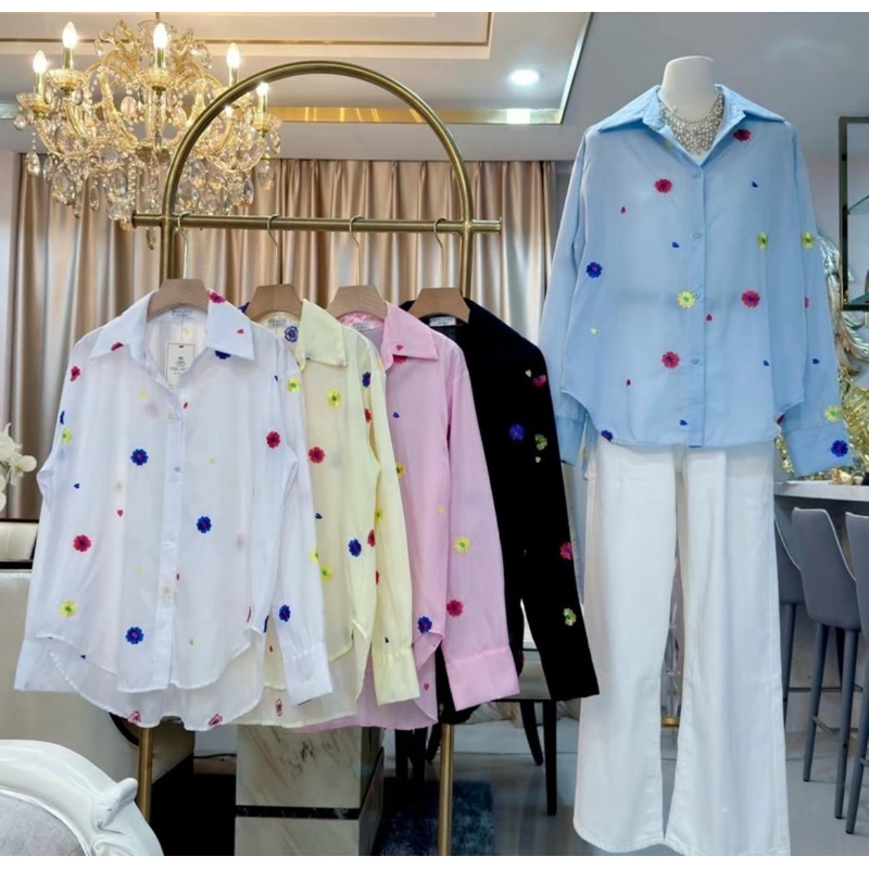 เสื้อเชิ้ตแขนยาวปักดอกไม้ (ผ้า Cotton) ทรง Over size หน้าสั้น หลังยาว