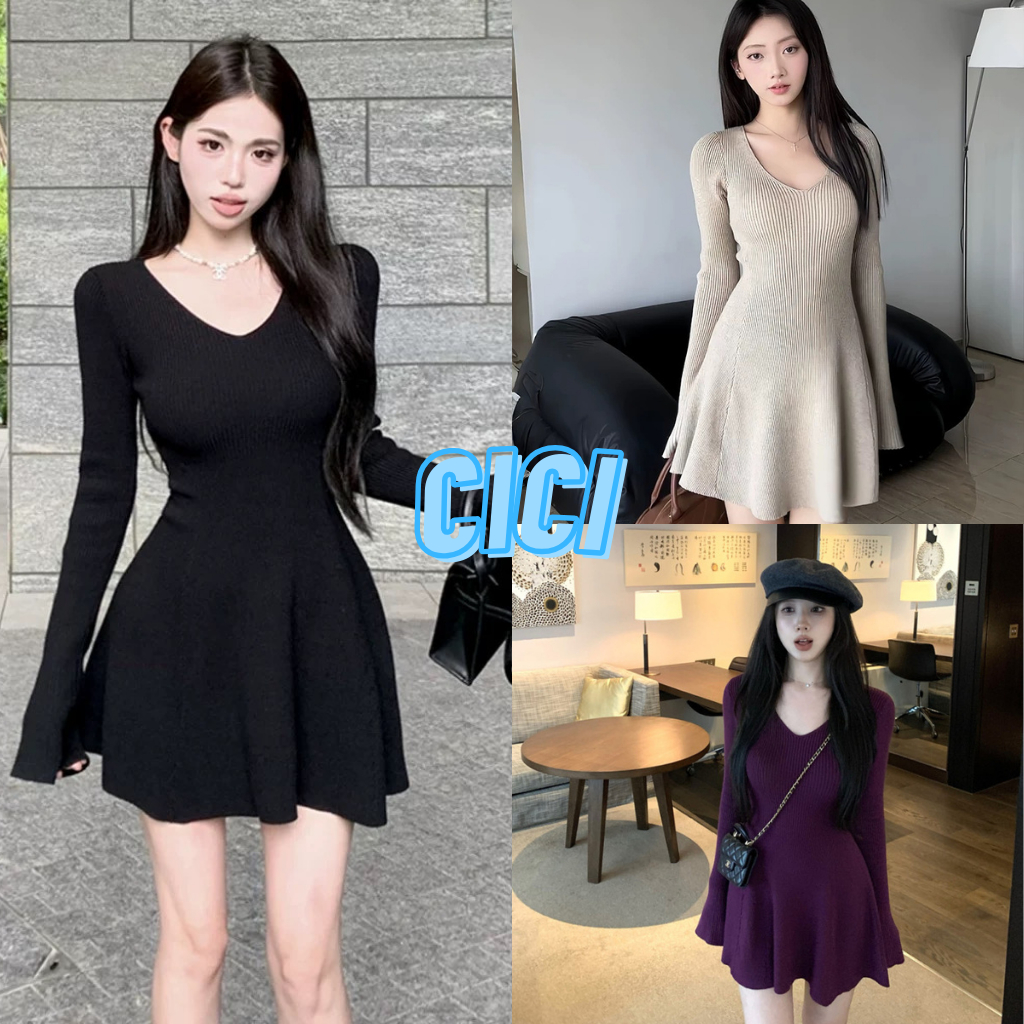 ส่งทันที Cici(NO. A2346) มินิเดรสไหมพรมคอวี แขนยาวแต่งแขนกระดิ่ง ยืดหยุ่นตามตัวเข้ารูป