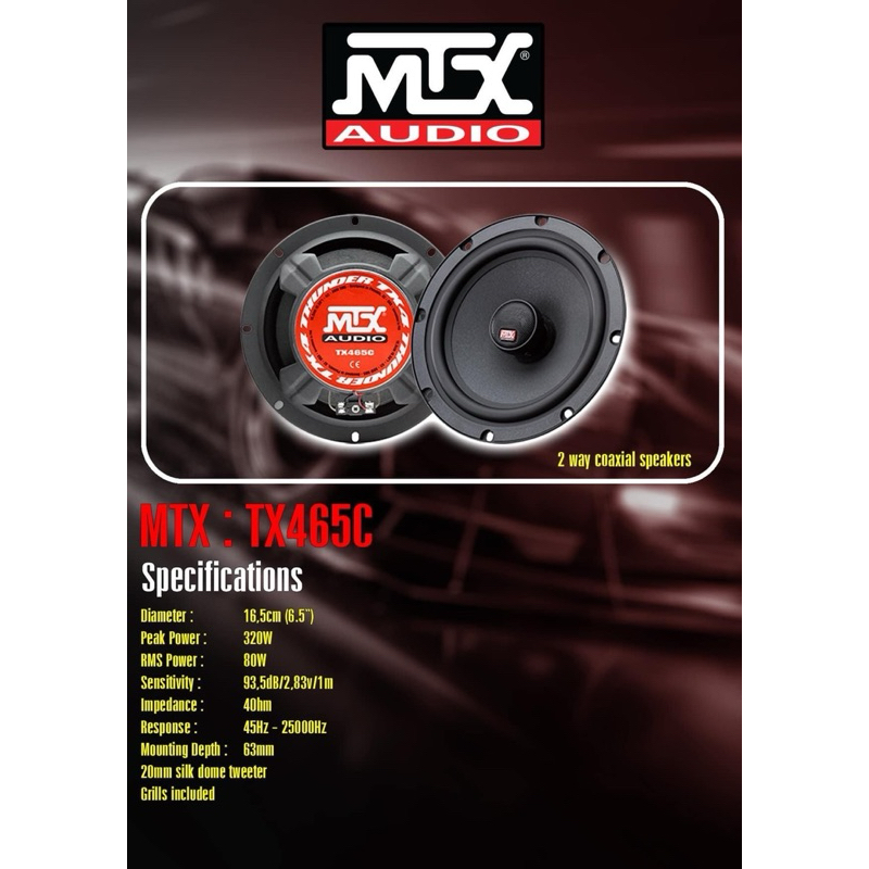 ลำโพง6.5นิ้วแกนร่วมติดรถยนต์ยี่ห้อMTXรุ่นTX465C 320W