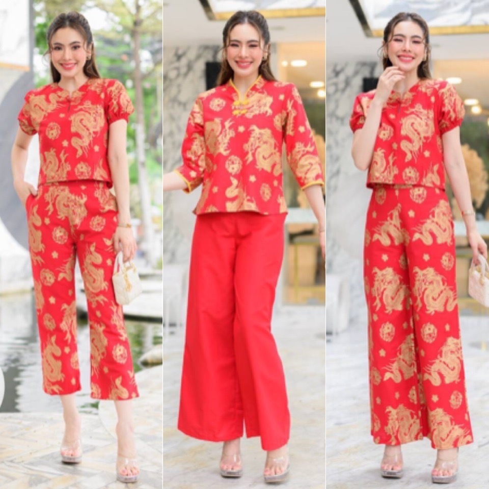 [พร้อมส่ง] ชุดสีแดงตรุษจีน ผ้าฝ้ายพิมพ์ลาย