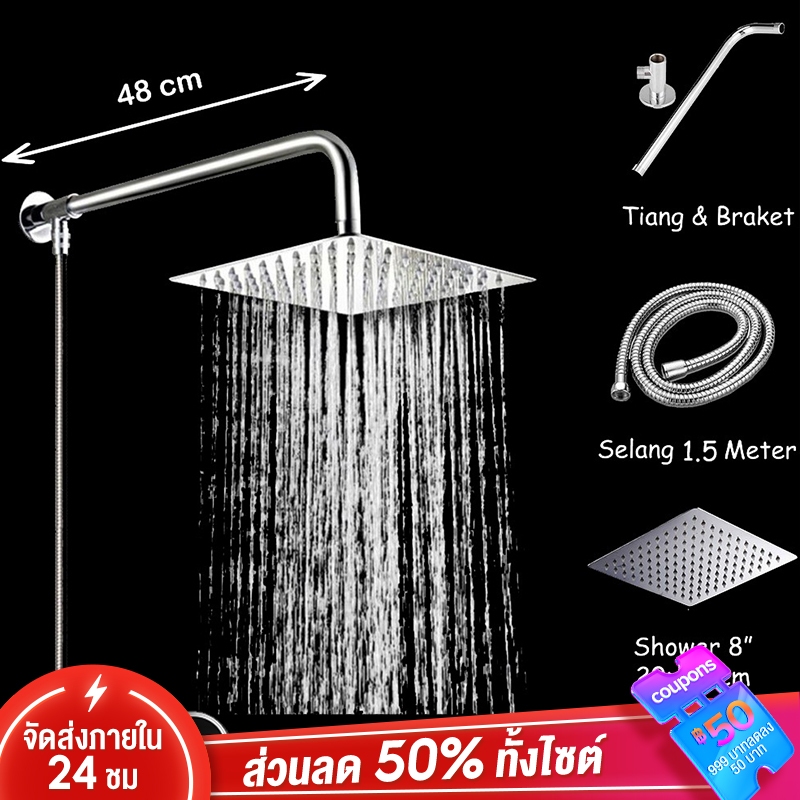 หัวฝักบัวอาบน้ํา แบบติดผนัง วัสดุสเตนเลสโครเมี่ยม สเตนเลส 304 ทรงสี่เหลี่ยม แบบบางพิเศษ 8นิ้ว