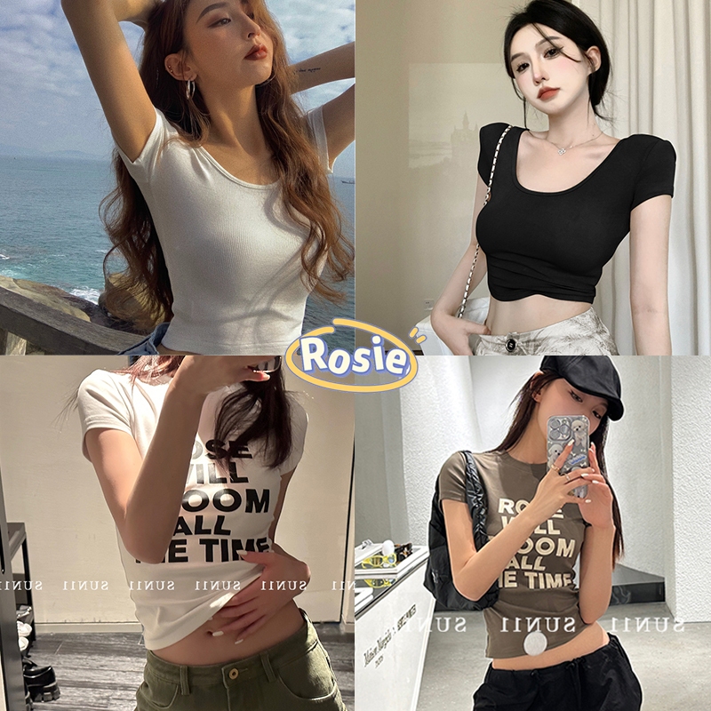 ROSIEพร้อมส่ง เสื้อยืดแขนสั้นผู้หญิง croptop พิมพ์ลายตัวอักษร เสื้อครอป คอกลม โชว์หน้าอก ทรงเข้ารูป ผ้าดี ใส่แมตช์ลุคง่