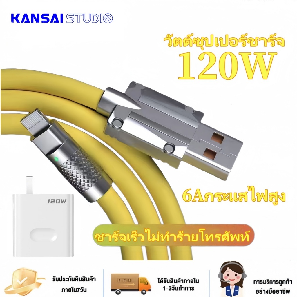 หัวชาร์จ120W+120W 6A สายชาร์จTypeC iOS Micro to USB เหมาะสำหรับ IOS Android สายชาร์จเกมยาว 1ม 2ม