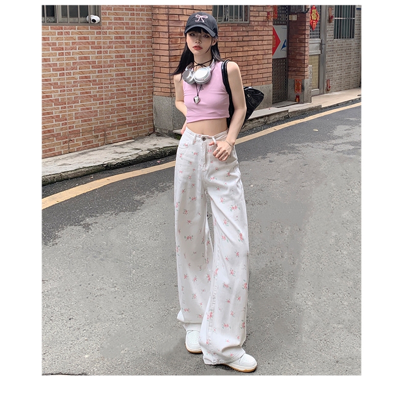 YODO กางเกงยีนส์สตรี เอวสูง ลายดอกไม้ กางเกงขากว้างสีขาวสไตล์เกาหลี S-3XL ราคา ถูกที่สุด ดีลบีเคเค แกลเลอรีภาพที่ 4