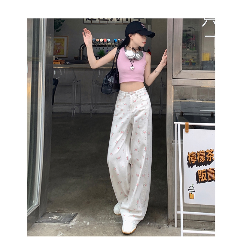 YODO กางเกงยีนส์สตรี เอวสูง ลายดอกไม้ กางเกงขากว้างสีขาวสไตล์เกาหลี S-3XL ราคา ถูกที่สุด ดีลบีเคเค แกลเลอรีภาพที่ 2