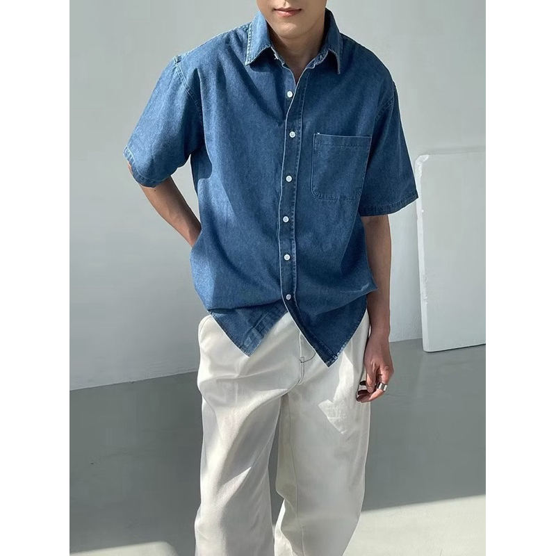 เสื้อเชิ้ตยีนส์แขนสั้น โอเวอร์ไซส์  ทรงสวย ผ้าไม่หนาไม่บาง ใส่สบาย ใส่ได้ทั้งชายและหญิง