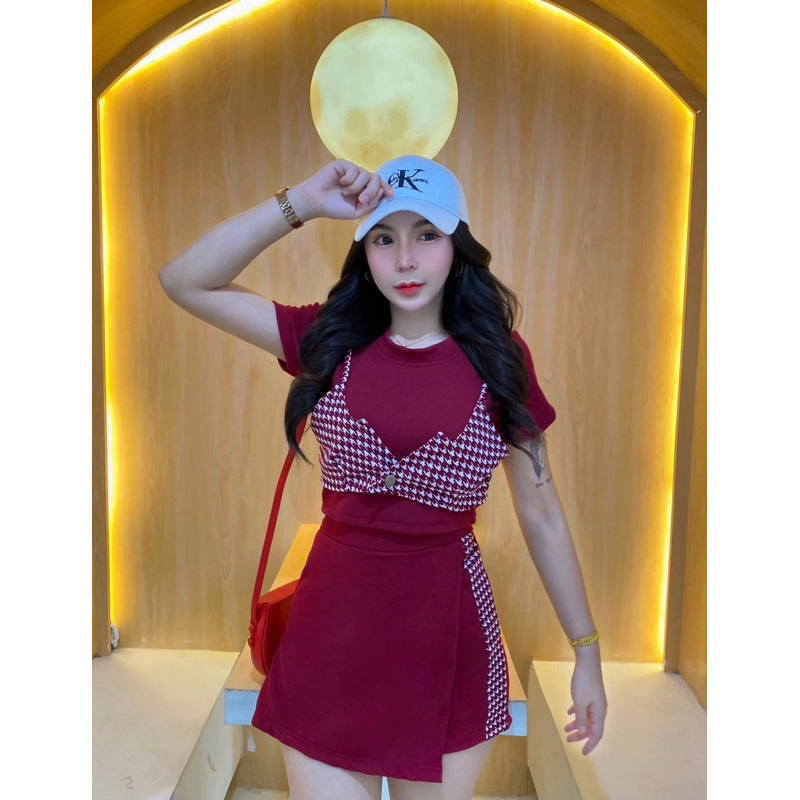 [ชุดเซ็ทชิโนริ] ชุดเซ็ท2ชิ้น เสื้อครอป+กระโปรงกางเกง