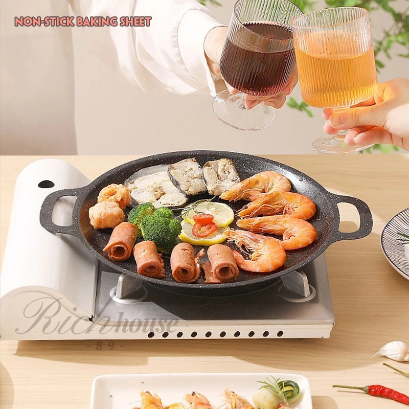นอกบ้าน หูคู่ ถาดบาร์บีคิว ตั้งแคมป์ 33cm รอบ กระทะไม่ติด สไตล์เกาหลี จานบาร์บีคิว ถาดไข่ดาว B0146