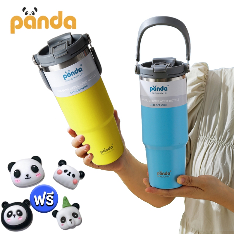 ซื้อ PANDA(ของแท้) แก้วเก็บความเย็น ฝา2หัว 900ML รุ่นมีหูหิ้วมีหลอด เย็น 304 เก็บความร้อน สแตนเลส พร้อมหลอด พร้อมส่งจากไทย