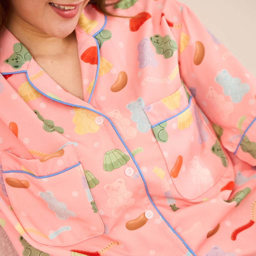 Gnight.Butter Pajamas l ชุดนอนสีโอลโรส ลายเยลลี่ กันโป๊โนบราได้ ไม่ต้องรีด (มีไซส์ใหญ่)