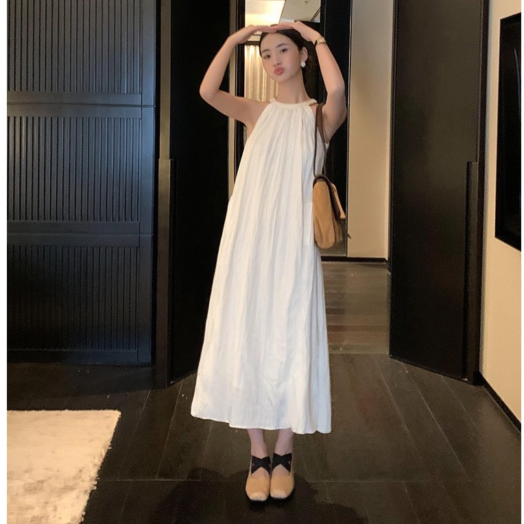 MKL พร้อมส่ง ชุดดเดรสคล้องคอแฟชั่นผู้หญิง เดรสยาวแอพริคอต กระโปรงยาวชายหาด #DS135