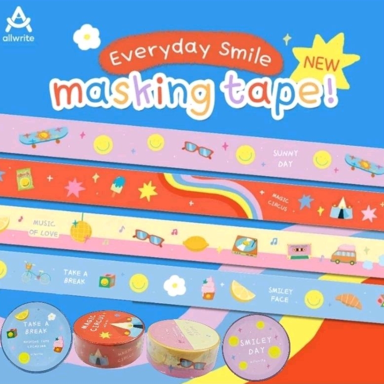 Allwrite เทปตกแต่ง Masking Tape ลายชุด Everyday Smile ขนาด 1.5 ซม.× 10 ม. เทปวาชิเนื้อกระดาษ ฉีกง่าย (ราคาต่อ 1 ม้วน)