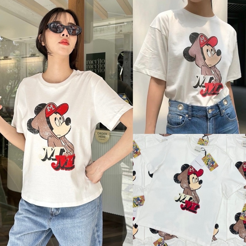 Mickey t-shirt เสื้อยืดแขนสั้น โทนสีครีม ดีเทลกุ๊นขอบคอและแขนเสื้อสีทูโทน งานสกรีนลายมิกกี้