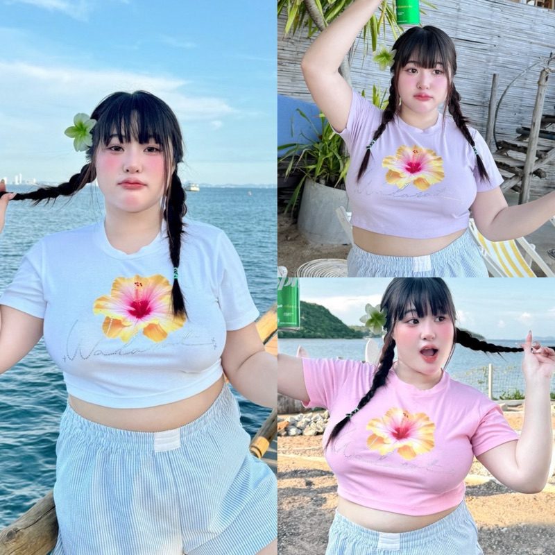 เสื้อครอป ทรงสลิมฟิต สกรีนลายดอกชบา อก30-48นิ้ว plussize เสื้อครอปสาวอวบ