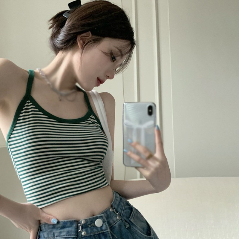 Lisaพร้อมส่ง เสื้อสายเดี่ยว ผ้าถัก ลายทาง สีตัดกัน สไตล์เกาหลีSummer สําหรับเด็กผู้หญิง เสื้อกล้ามสายเดี่ยว ขนาดเล็ก