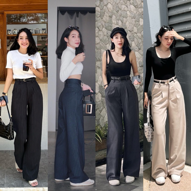 กางเกงผ้าลายริ้ว สีเทา ขากระบอก งานร้าน jin.bkk