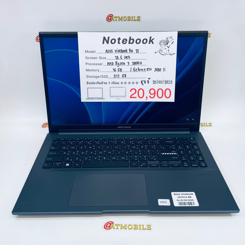 Asus Vivobook Pro 15 มือสอง Ram:16 SSD:512 GeForce RTX 3050 Ti โดยรวมเครื่องสวย ไม่มีรอยบุบบิ่น *ไม่