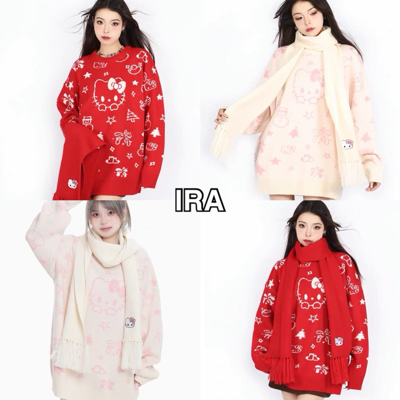 BY IRA Hello kittyเสื้อกันหนาว คอกลม ผ้าถัก ทรงหลวม ลายการ์ตูนเฮลโลคิตตี้ แฟชั่นฤดูหนาว no m