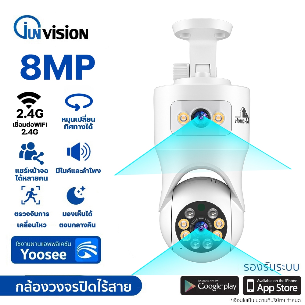 Junanvision กล้องวงจรปิดติดตั้งภายใน เชื่อมต่อWIFI 2.4G คมชัด 8MP ตรวจจับการเคลื่อนไหว มองเห็นตอนมืด