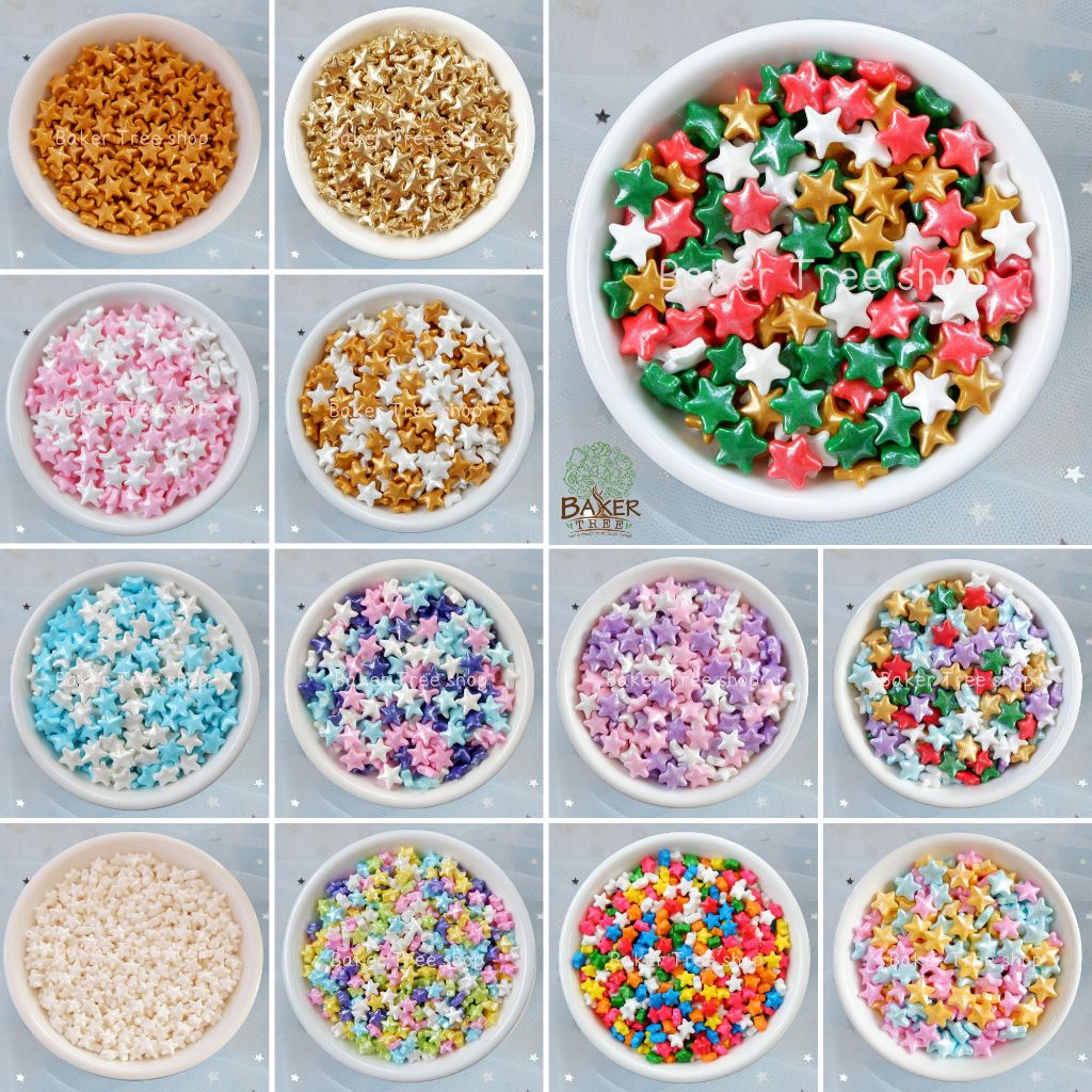 เม็ดมุกแต่งเค้ก รูปดาว ทานได้ สีสวย ขนาด 25 / 50 / 100 กรัม น้ำตาลแต่งเค้ก Sugar Sprinkles ของตกแต่งเค้ก