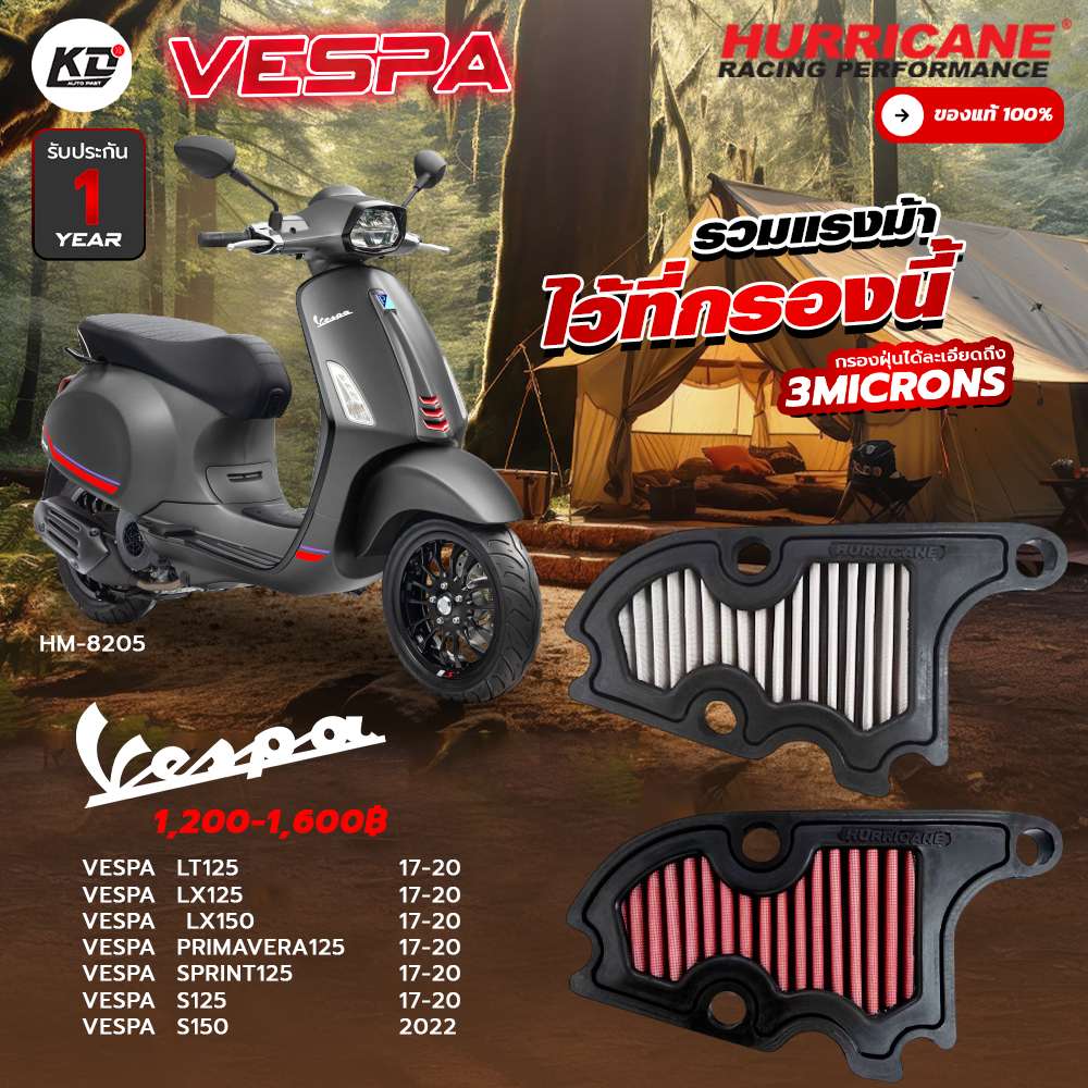 กรอง เฮอร์ริเคน HURRICANE แท้100% กรองอากาศมอเตอร์ไซต์ ผ้าแดง & สแตนเลส เวสป้า Vespa ( LT125 , LX125 , LX150 ) HM-8205