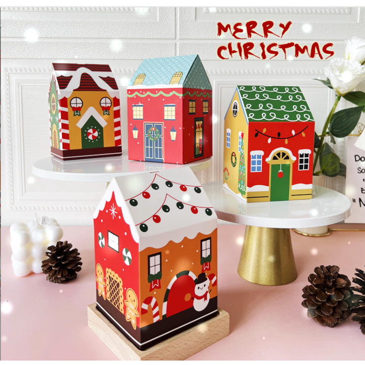 กล่องทรงบ้านพิม์ลาย แนวตั้ง คริสมาสต์ คุ๊กกี้ ของขวัญ กล่องขนม (สินค้าพร้อมส่งในไทย)