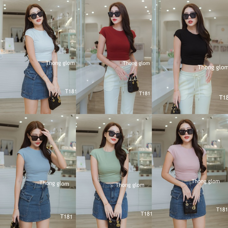 เสื้อครอปแขนล้ำ เนื้อผ้ายูนิโคล่ สีพื้น Thong glom