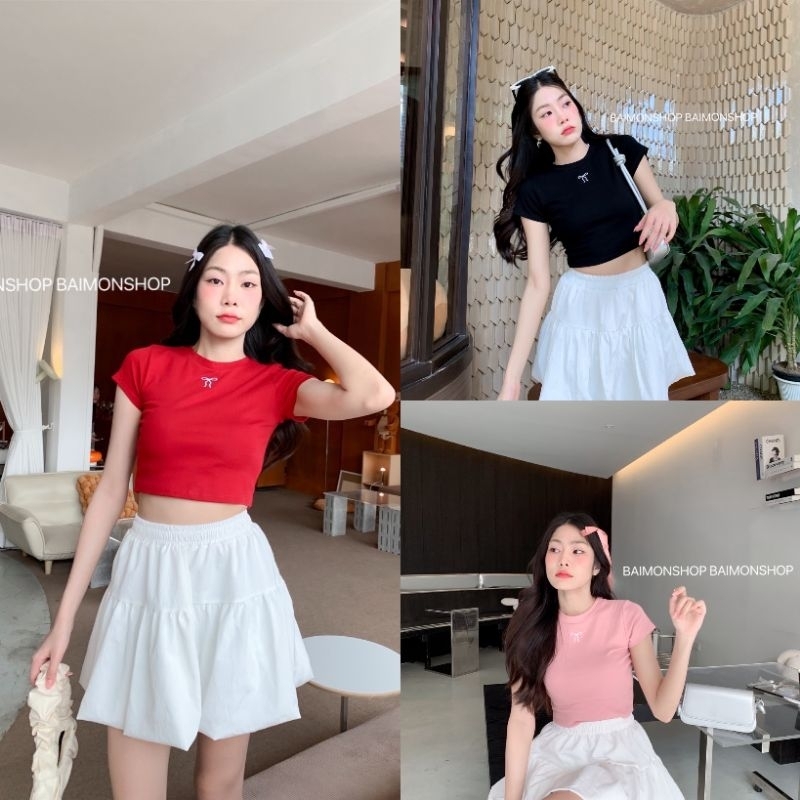 เสื้อครอปแขนสั้น แฟชั่นผู้หญิงมาใหม่ ปักโบว์เล็ก งานผ้าดี ใส่แล้วน่ารักมาก งานป้าย