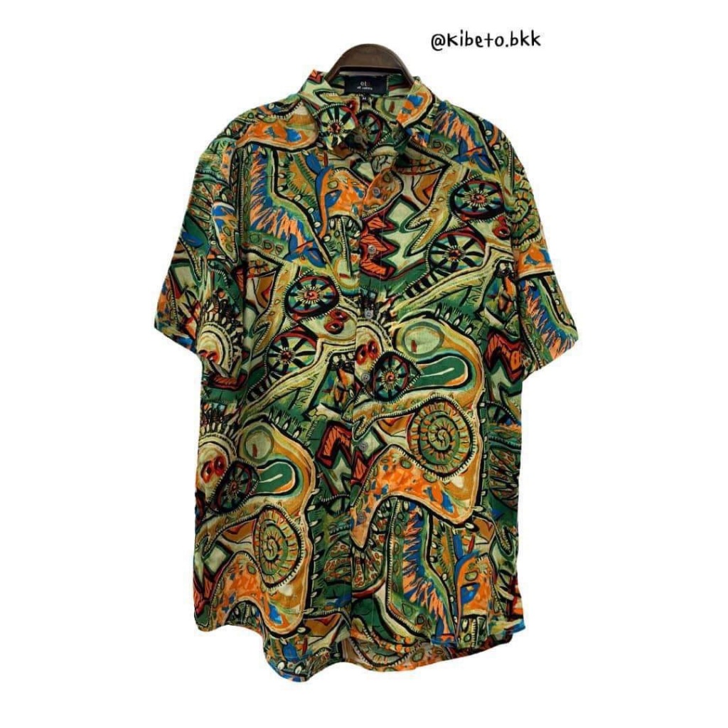Kibeto เสื้อฮาวาย ลายโบฮีเมี่ยน สีเขียว ผ้าสปันเรยอน เนื้อนิ่ม ใส่สบาย M L XL 2XL 3XL