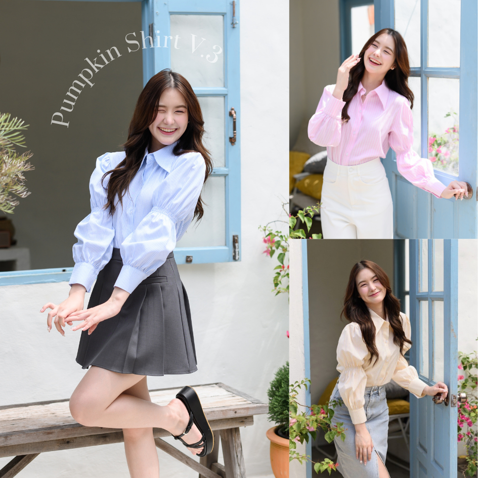 Onceandtwice | Pumpkin Shirt V.3 - Stripe Fabric เสื้อเชิ้ตลายทาง เสื้อเชิ้ตแขนยาว ดีเทลสม๊อคจั๊มแขน✨