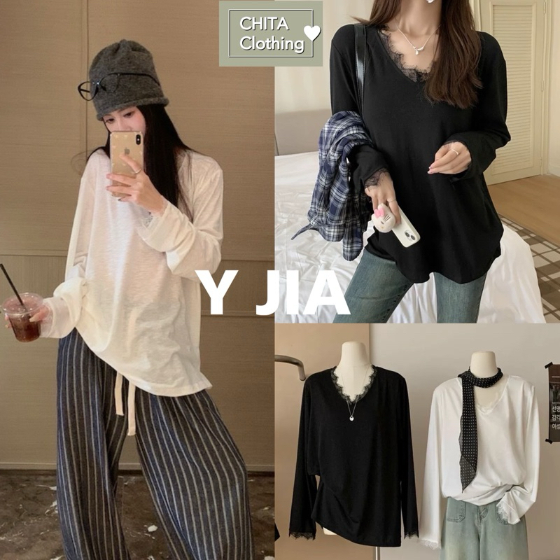 6123# เสื้อคอวีแขนยาว แต่งลูกไม้ ช่วงอก เนื้อผ้าดี ใส่สบาย TAG: Y.JIA STUDIO