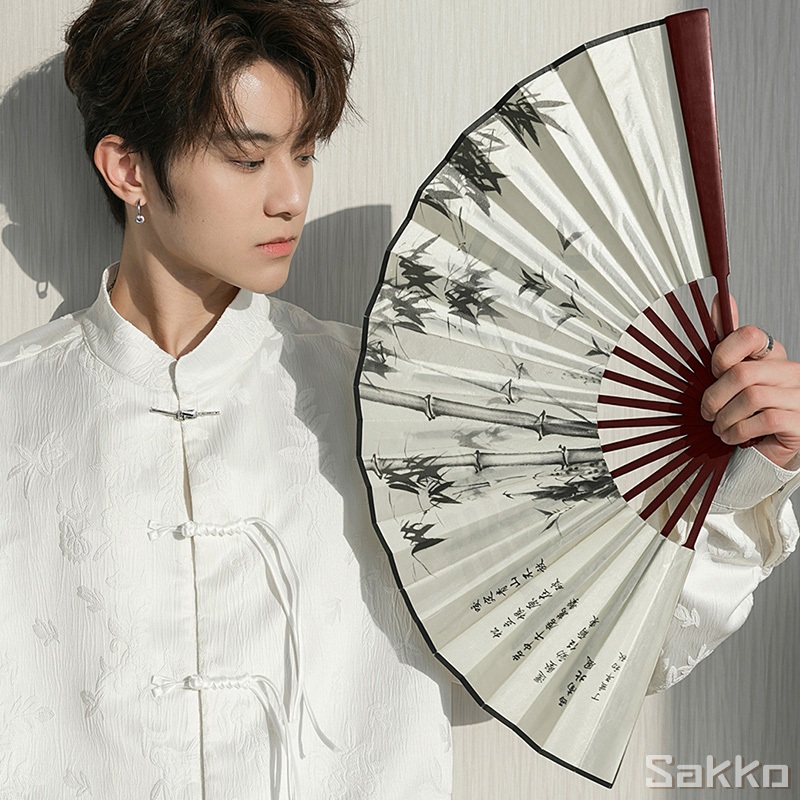 พัดจีนโบราณแบบพับได้ 13 นิ้ว ไม้ไผ่แท้+ผ้าคลาสสิก พกพาสะดวก งานหัตถกรรมประณีต