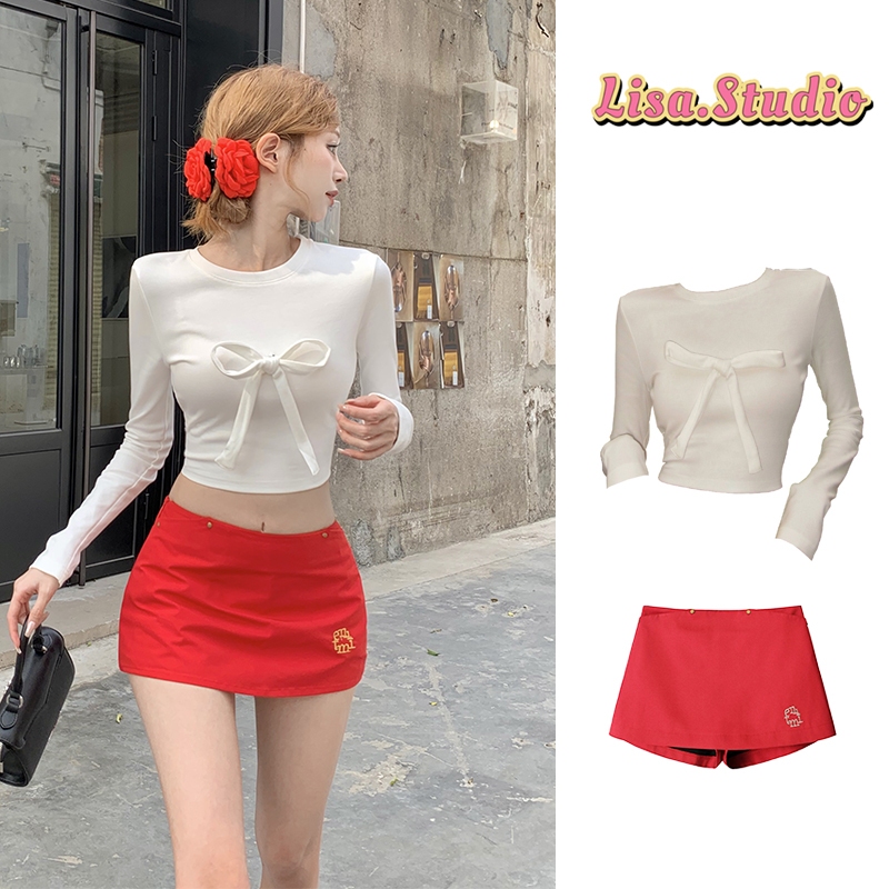 Lisaพร้อมส่ง เสื้อยืดแขนยาวผู้หญิง เสื้อครอปทรงรัดรูปดีเทลโบว์ แขนยาวคอกลม ผ้าเรยอน สุดคิวท์ เสื้อแฟชั่น สไตล์เกาหลี