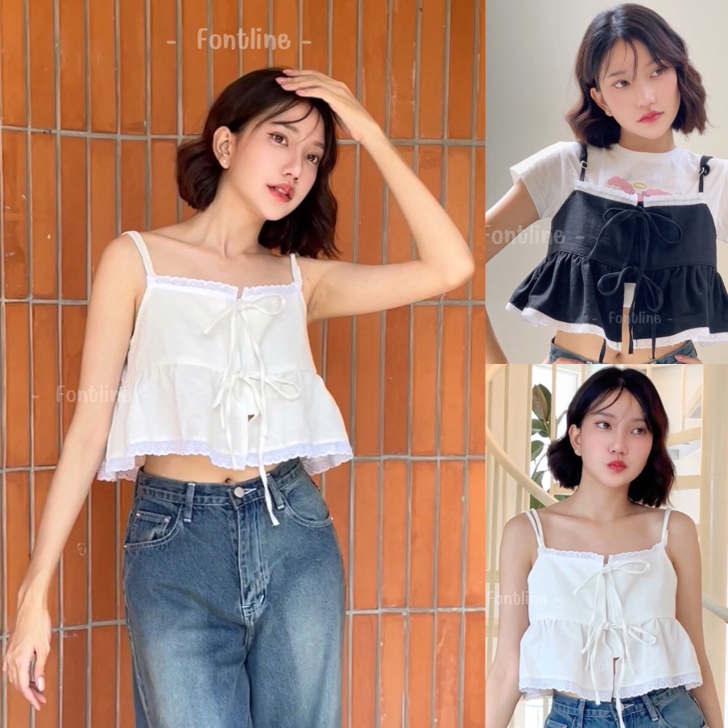 FONTLINE เสื้อสายเดี่ยว ผูกโบว์ สายปรับระดับได้ ผ้าฝ้ายเกรดฟอกนิ่ม สไตล์เกาหลีมินิมอล รอบอก32-36นิ้ว