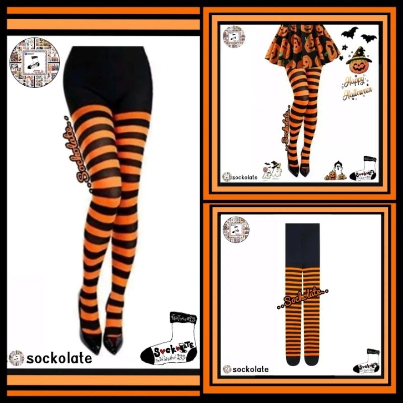 HALLOWEEN ถุงน่องสีส้มดำ สีส้ม สีดำ ถุงน่อง แฟชั่นฮาโลวีน แบบเต็มตัว