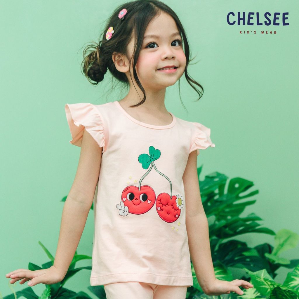 Chelsee تيشيرت بنات قطن بنقش كرز وأكمام مكشكشة — صورة 5