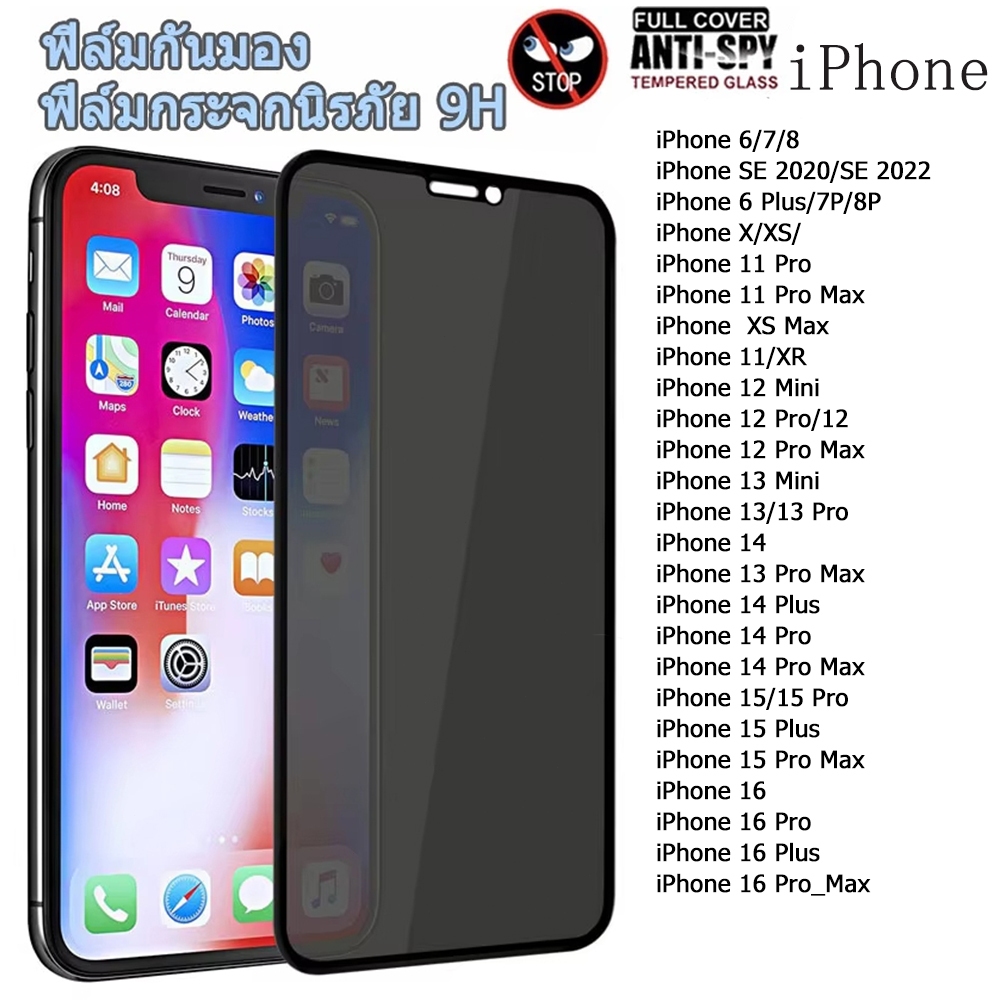 ฟิล์มกระจกนิรภัย เต็มจอFor iPhone 17 air 16 11 XR 13 Pro 15 Pro Max 6 7 8Plus SE 12 Pro 14 11 XS Max กันมองกันเสือก PVT