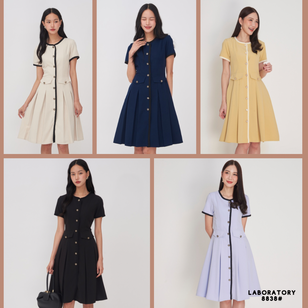 *Laboratory*  เดรส 8838# เดรสกระดุมหน้า จีบทวิต แต่งกุ้นขอบสีพื้น ไซส์ S-2XL