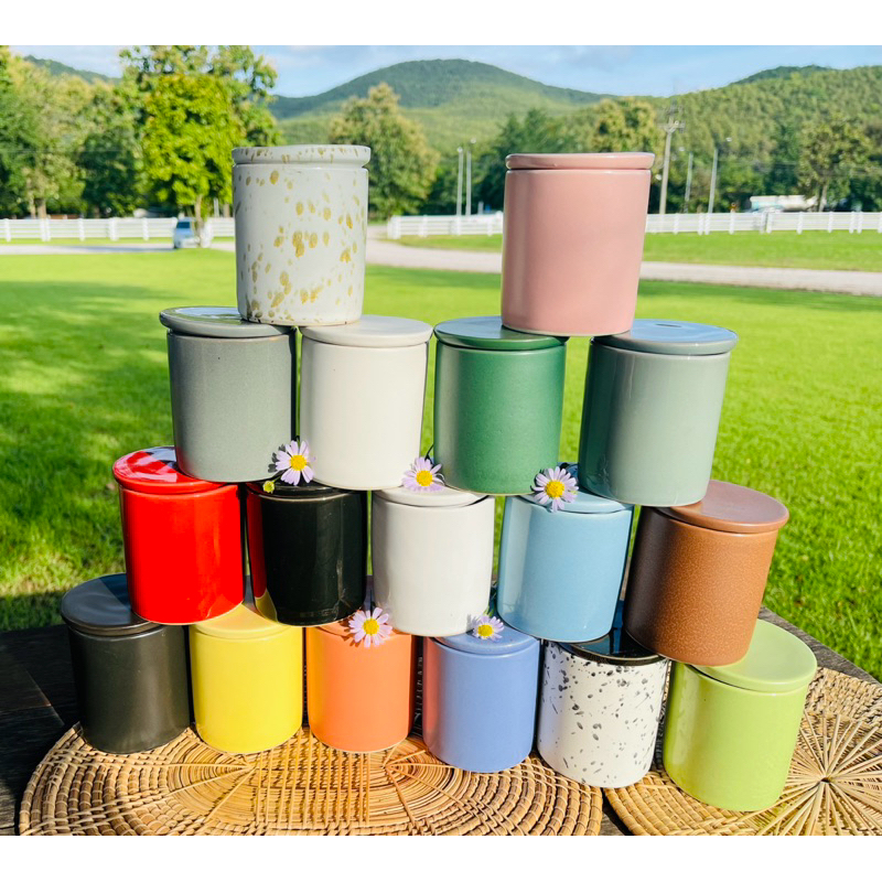 แก้วเทียนหอมเซรามิค ทรงกระบอก 180 ml พร้อมฝาปิด