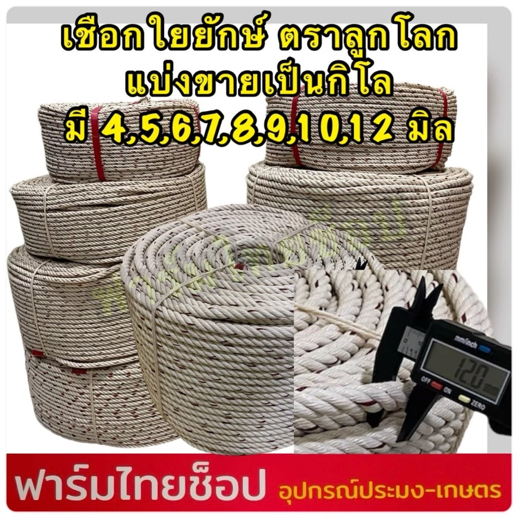 เชือกใยยักษ์ ตราลูกโลก จำหน่ายเป็นกิโล มีขนาด 4,5,6,7,8,9 10,12 มิล ให้เลือก (จำหน่ายเป็นกิโล ความยาวต่อ 1 กิโล)