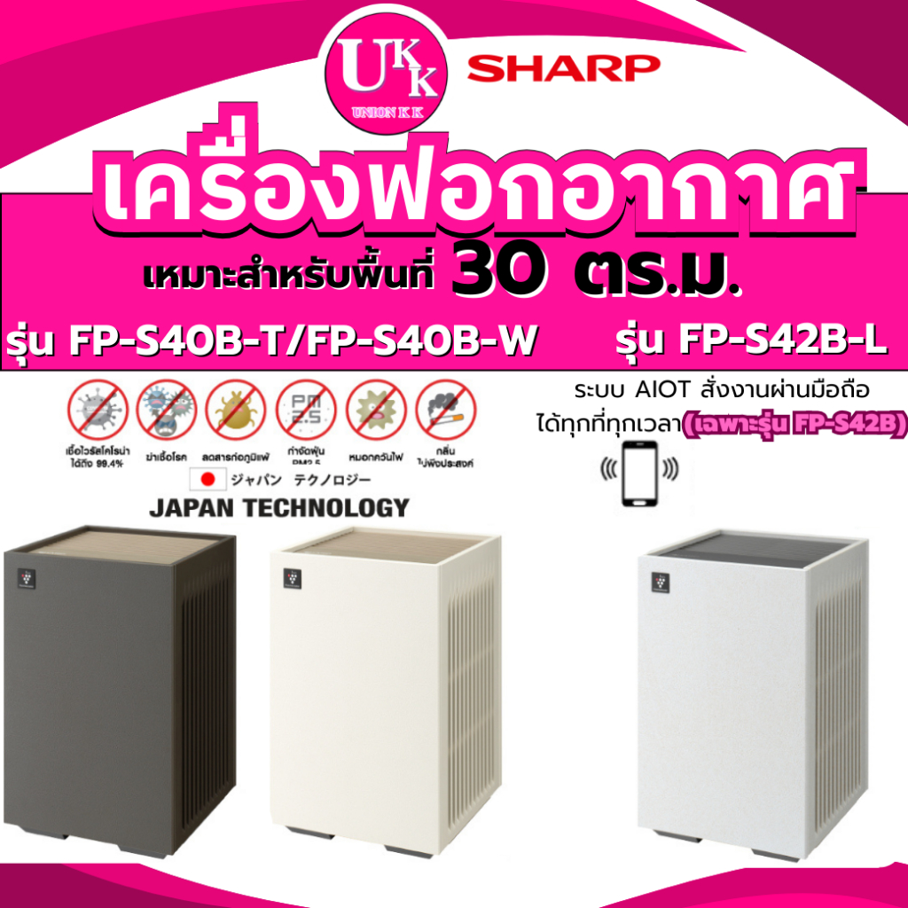 Sharp เครื่องฟอกอากาศ รุ่น FP-S40B-W,FP-S40B-T 30ตร.ม. พลาสม่าคลัสเตอร์ เเละ รุ่น FP-S42B-L 30 ตร.ม.
