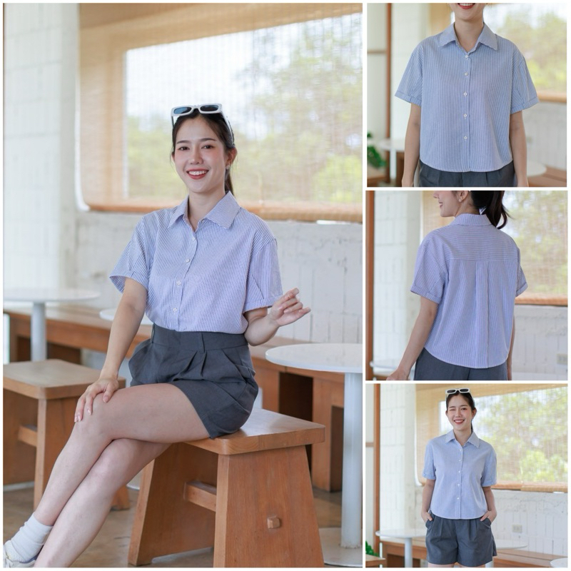 เชิ๊ตแขนสั้น คอปกลายริ้ว #l154shop_763